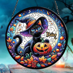 Personalized Black Cat Halloween Ornament - Black Cat with Witch Hat and Pumpkin Design