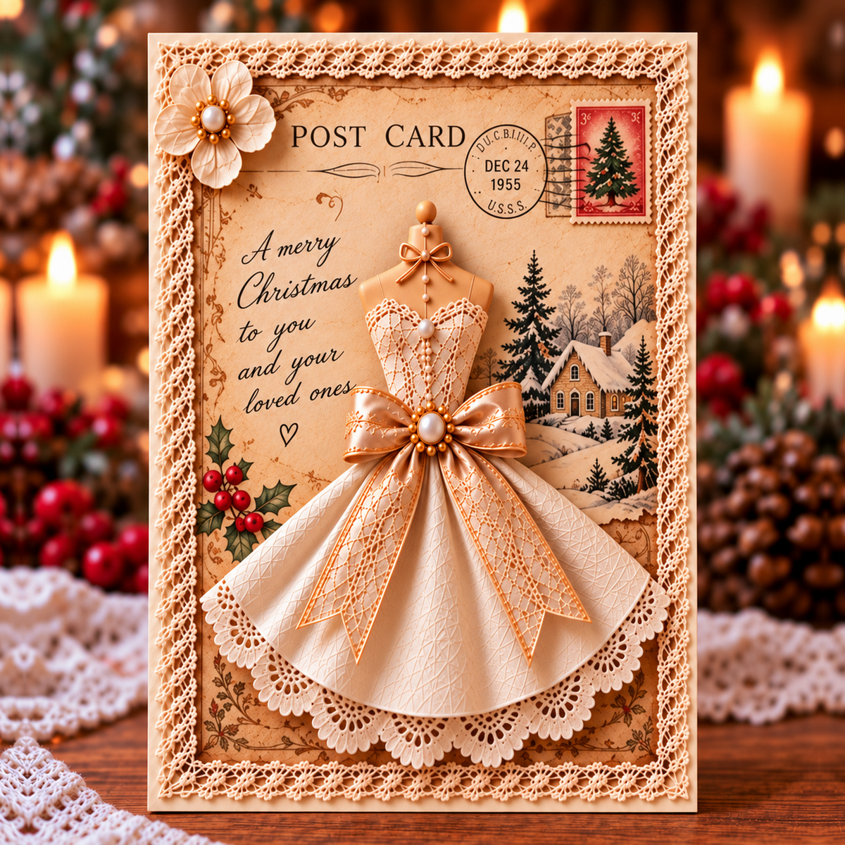 Vintage 3D Lace Dress Christmas Greeting Cards 🎄