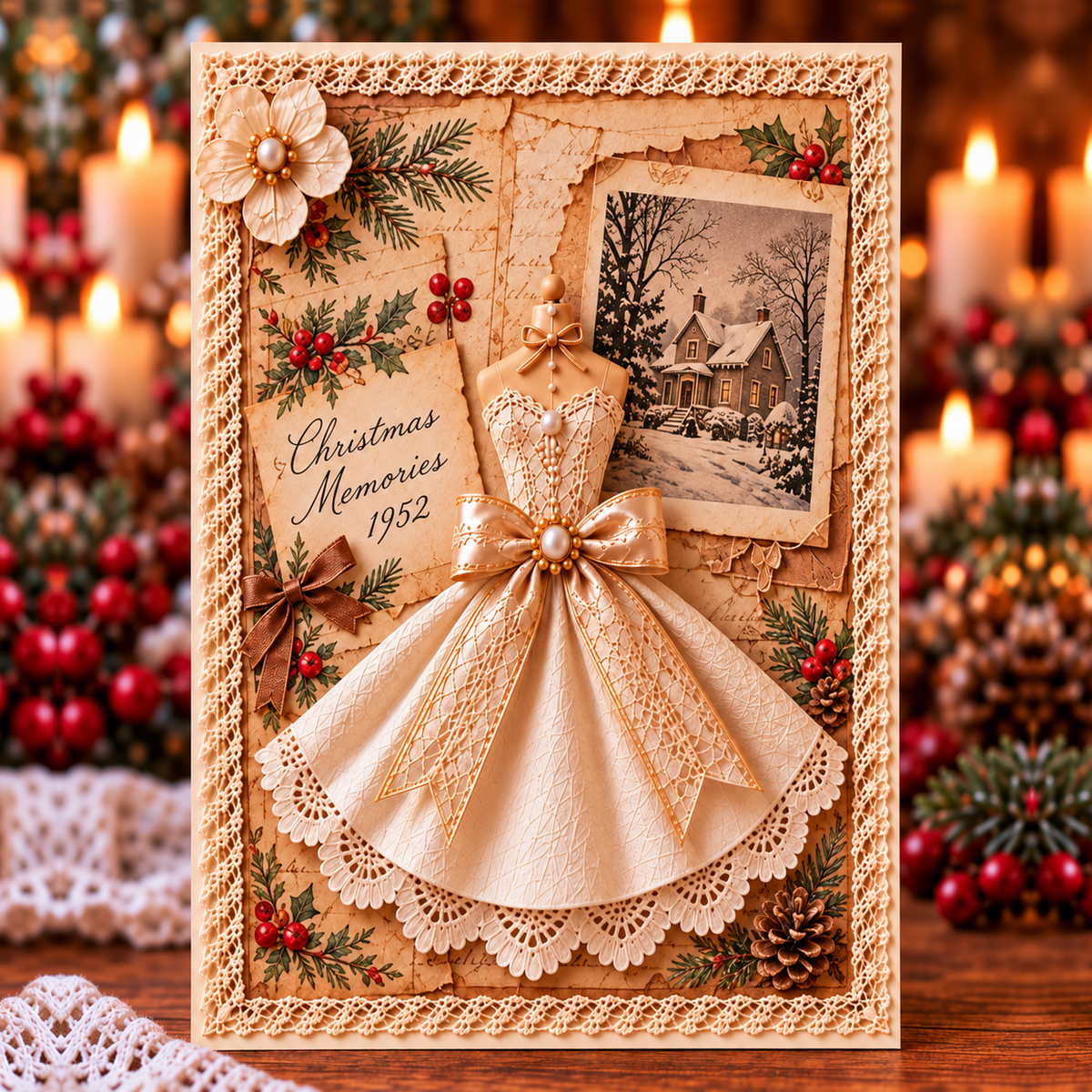 Vintage 3D Lace Dress Christmas Greeting Cards 🎄