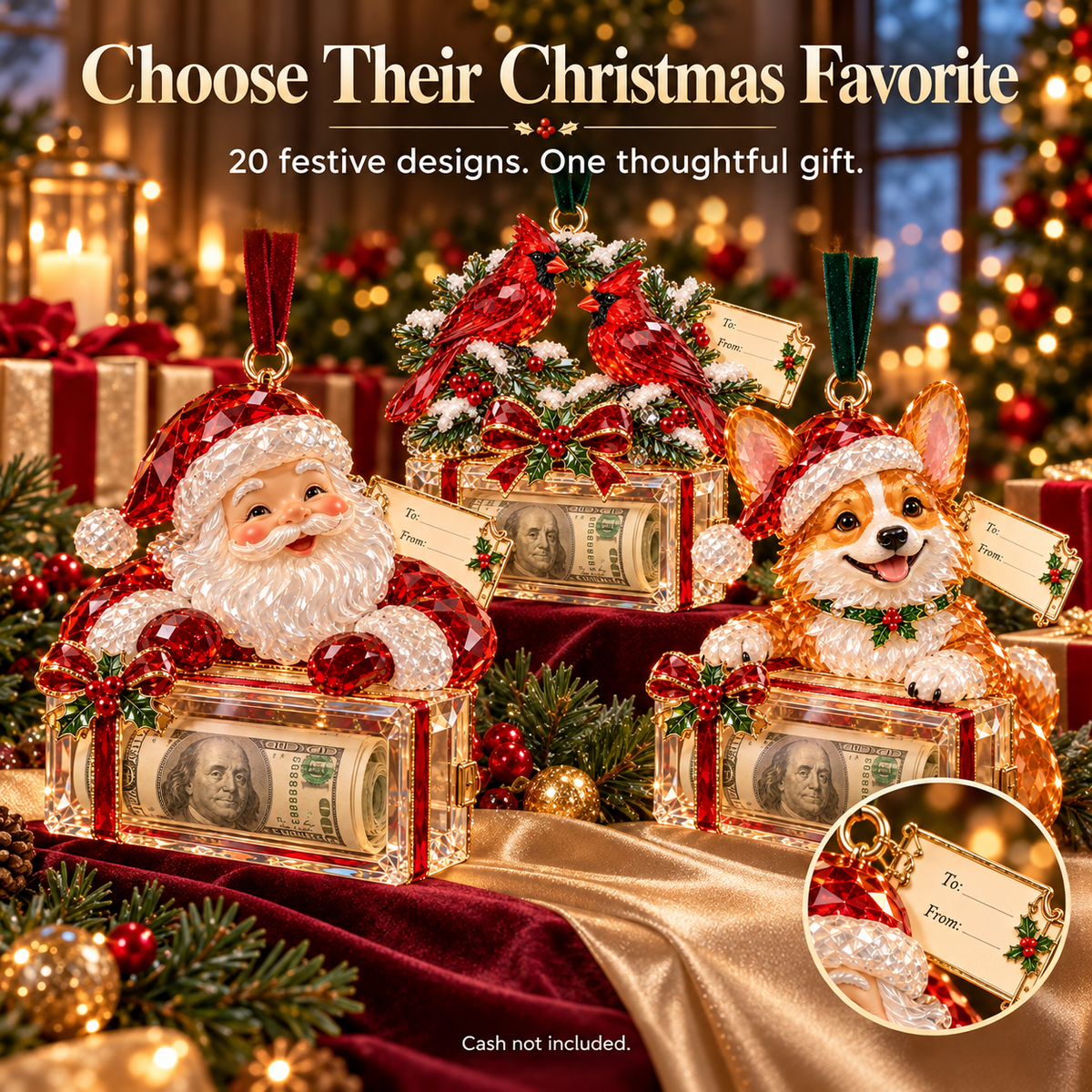 2026 Crystal-Style Christmas Money Holder Ornaments – 20 Festive Designs with Gift Tags