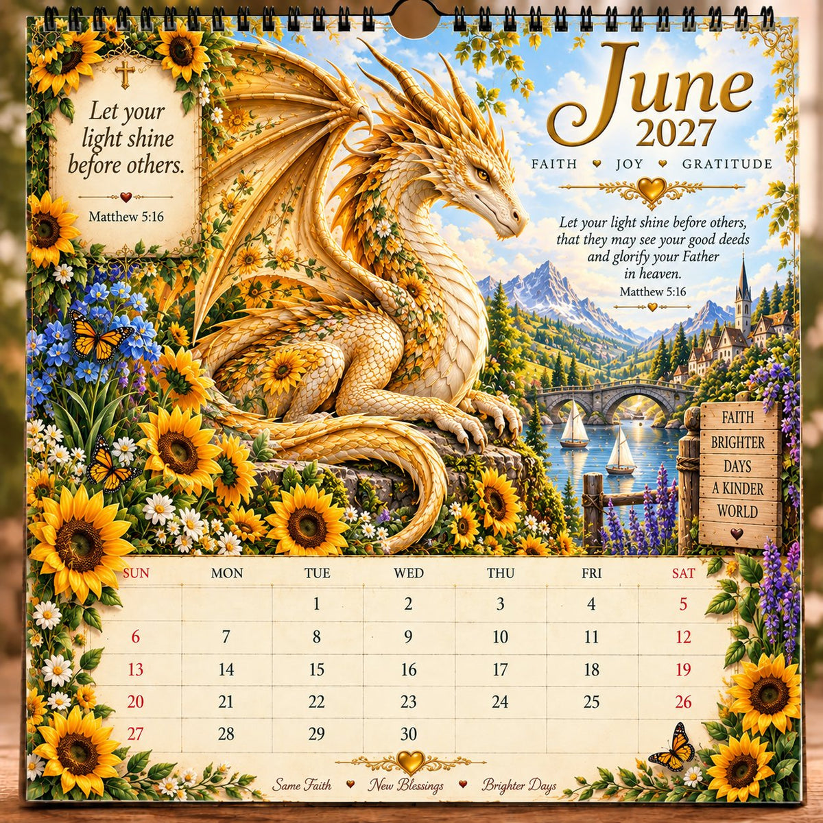 June 2027 monthly calendar with a golden dragon and bright sunflowers