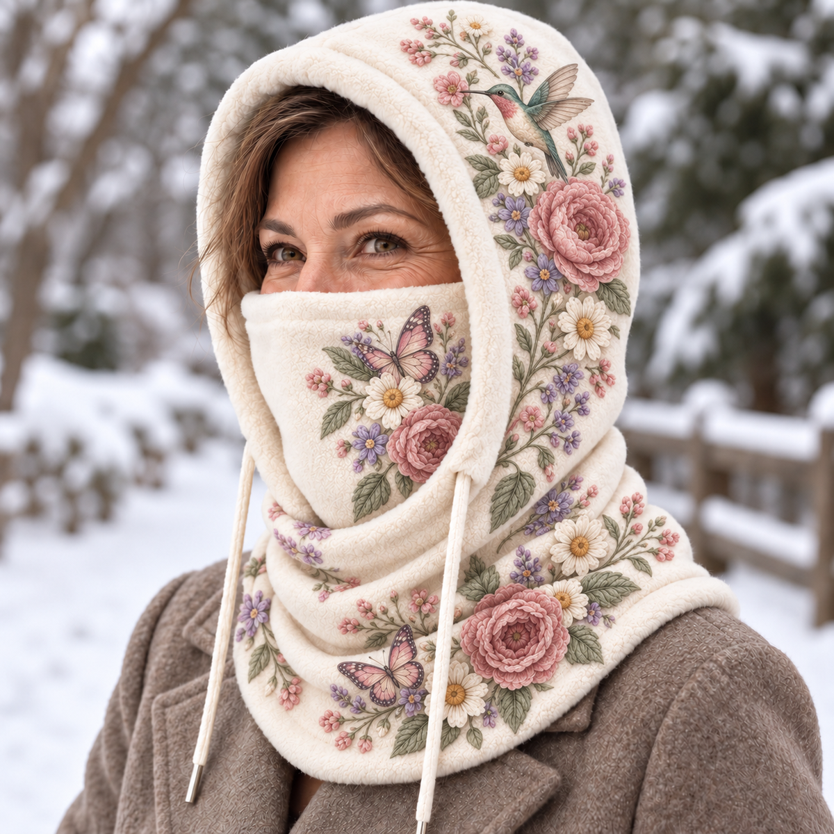 🌸 Women’s Floral 3-in-1 Winter Hood – Fleece-Lined Hat, Face Cover & Neck Warmer