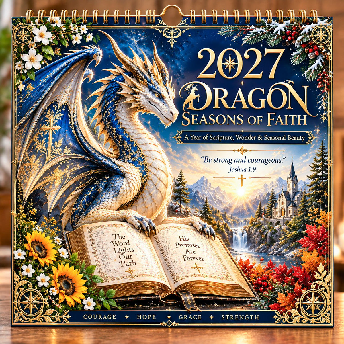2027 Dragon Seasons of Faith calendar with a blue and gold dragon cover