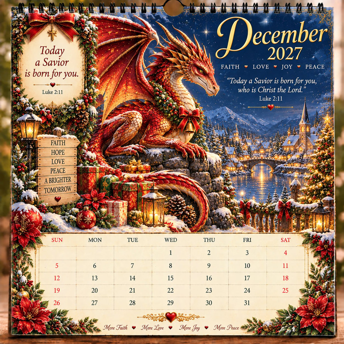 December dragon calendar artwork with a snowy Christmas village and festive gifts