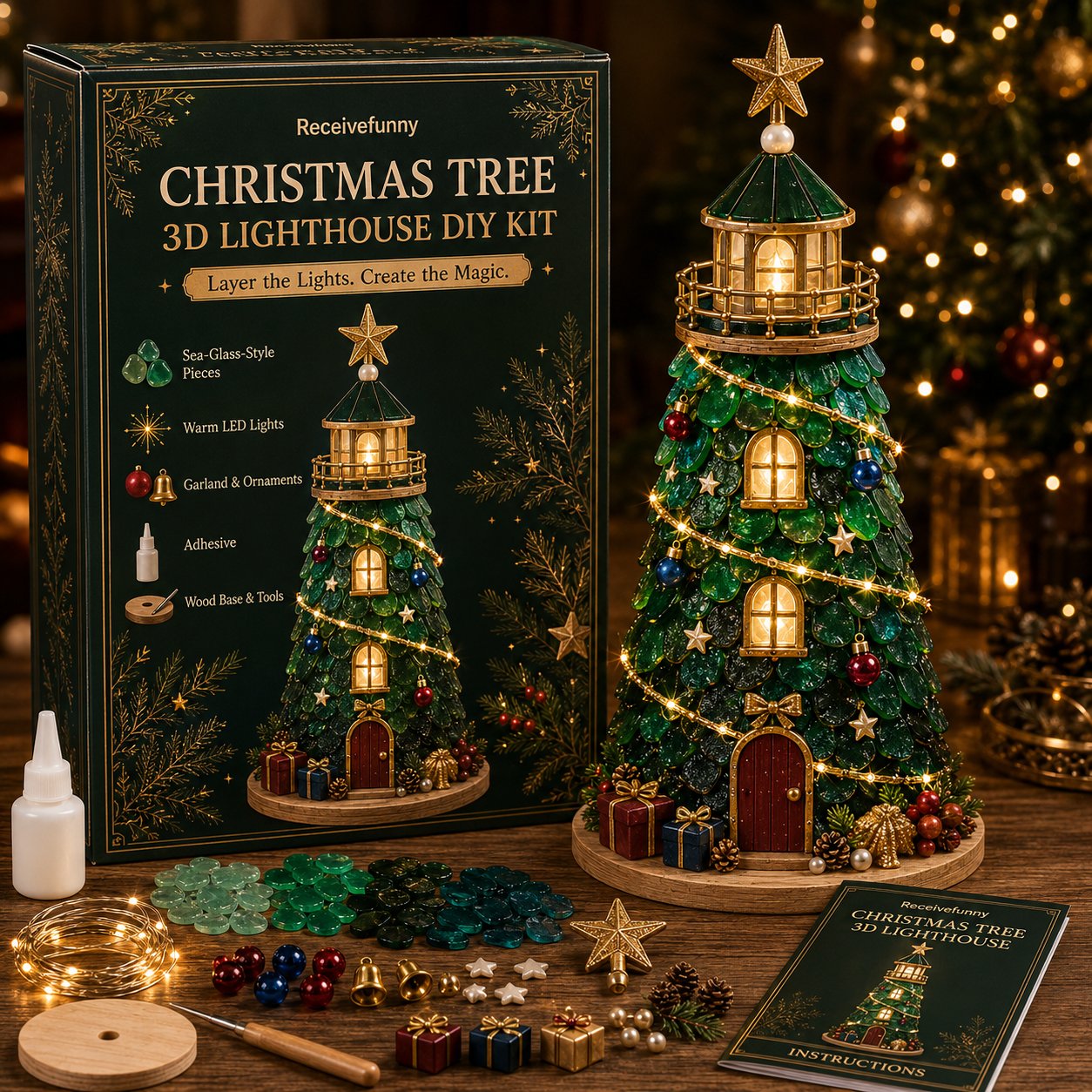 🎅 2026 Christmas Gift 50% Off--🎄Beginner-Friendly DIY Lighted Christmas Character Sea Glass-Style Lighthouse Kit Collection | Complete Kit with Sea Glass-Style Pieces, LED Lights & Step-by-Step Guide Included 💕