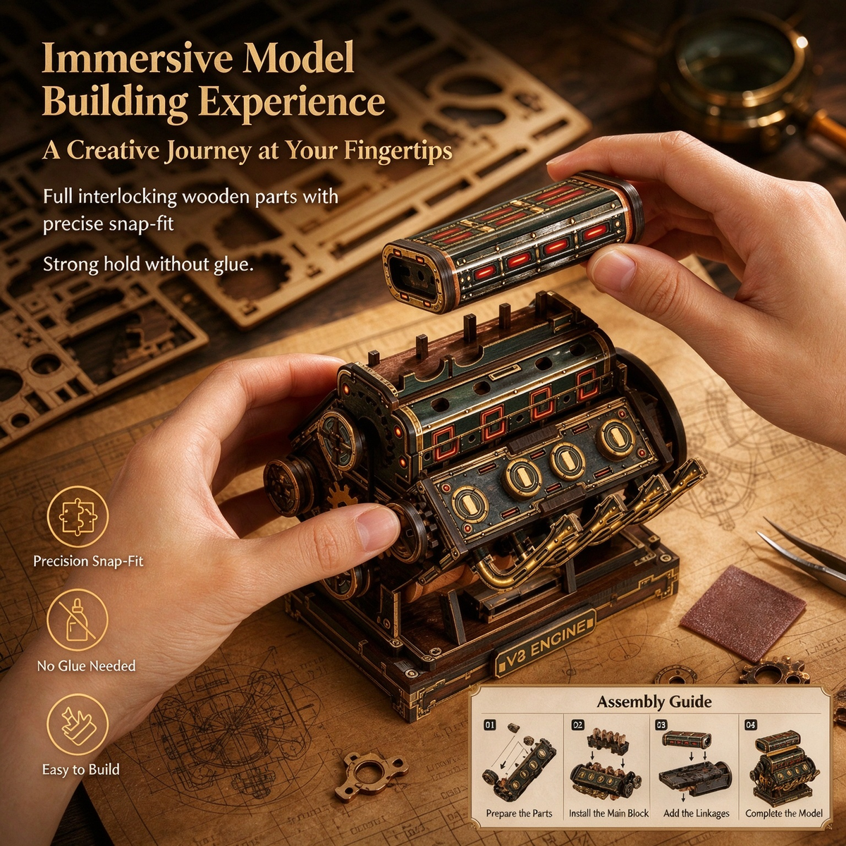 Steampunk V8 Dodge Engine Wooden Puzzle Kit