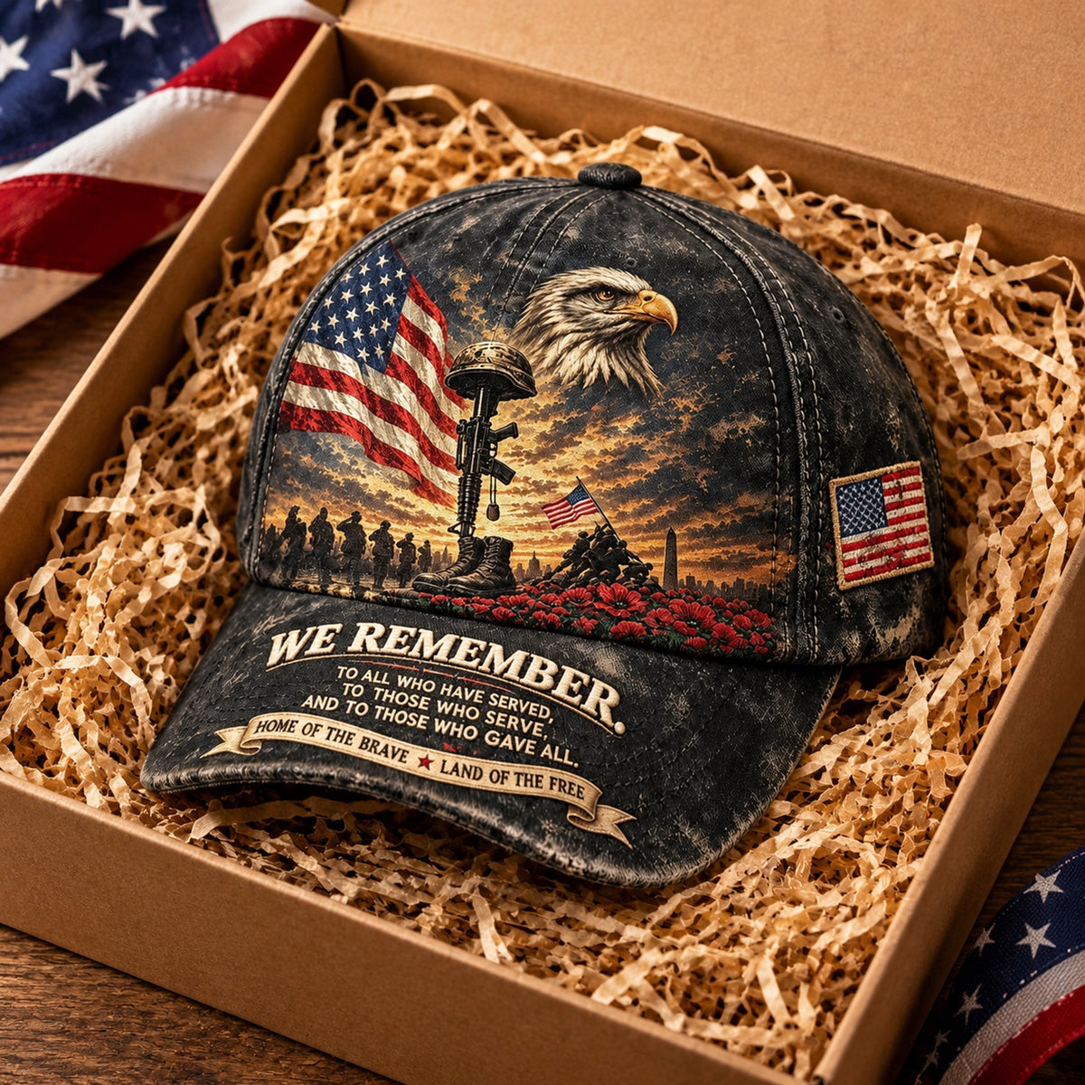 We Remember cap arranged in a gift box as a gift presentation idea