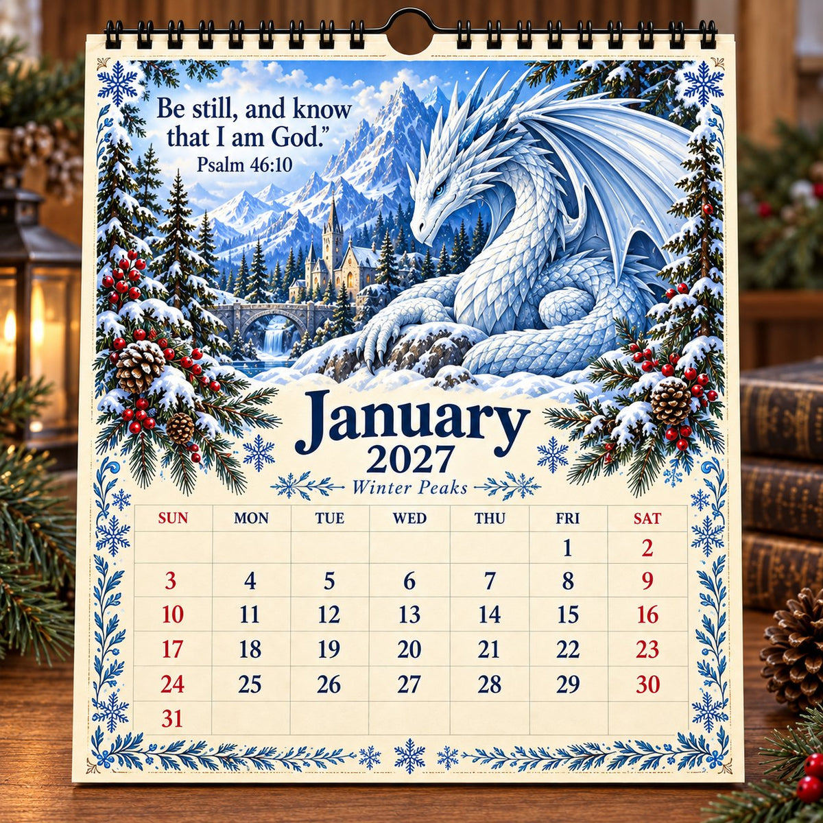 January 2027 calendar page featuring a white and blue dragon in a snowy mountain scene