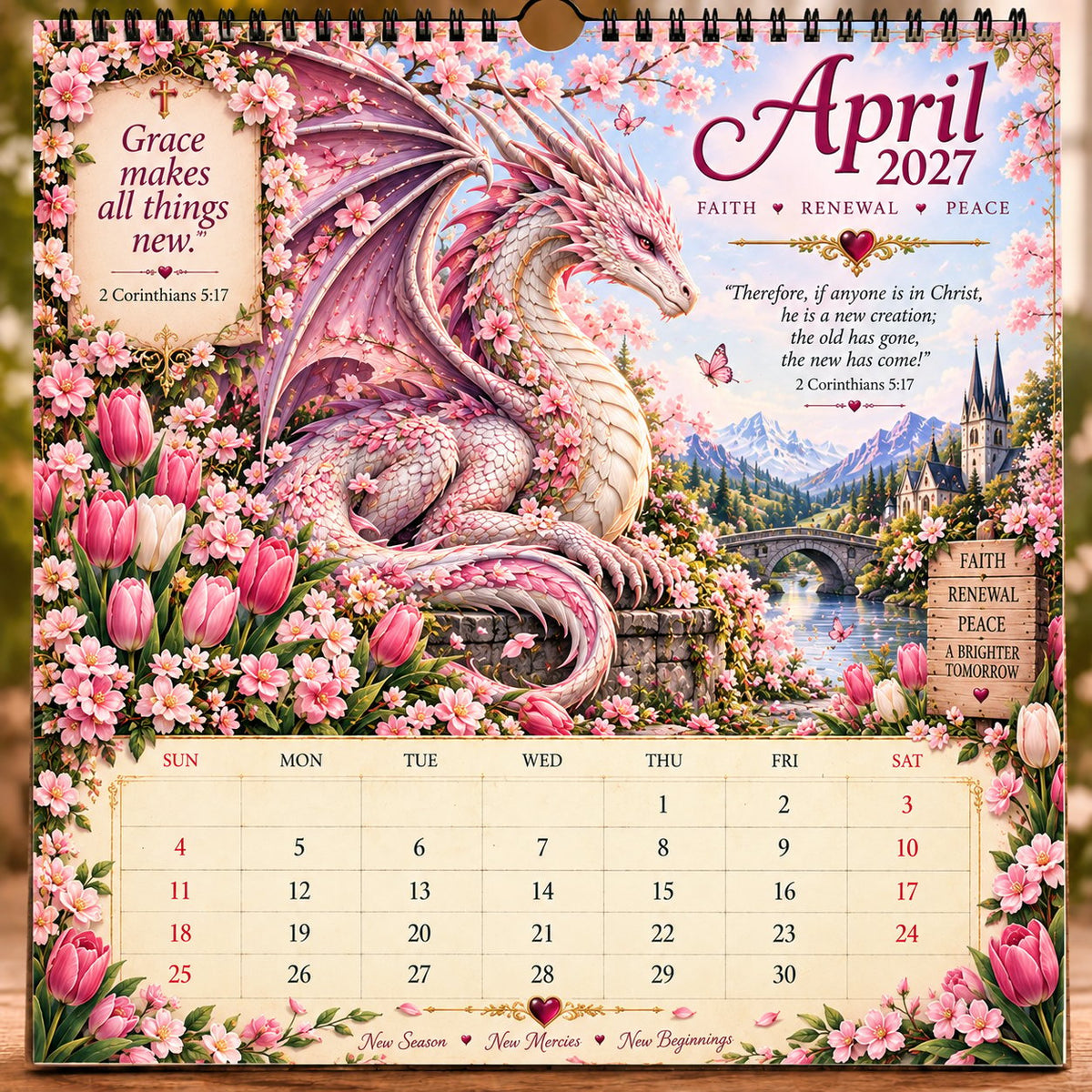 April 2027 dragon calendar page with pink blossoms and spring flowers