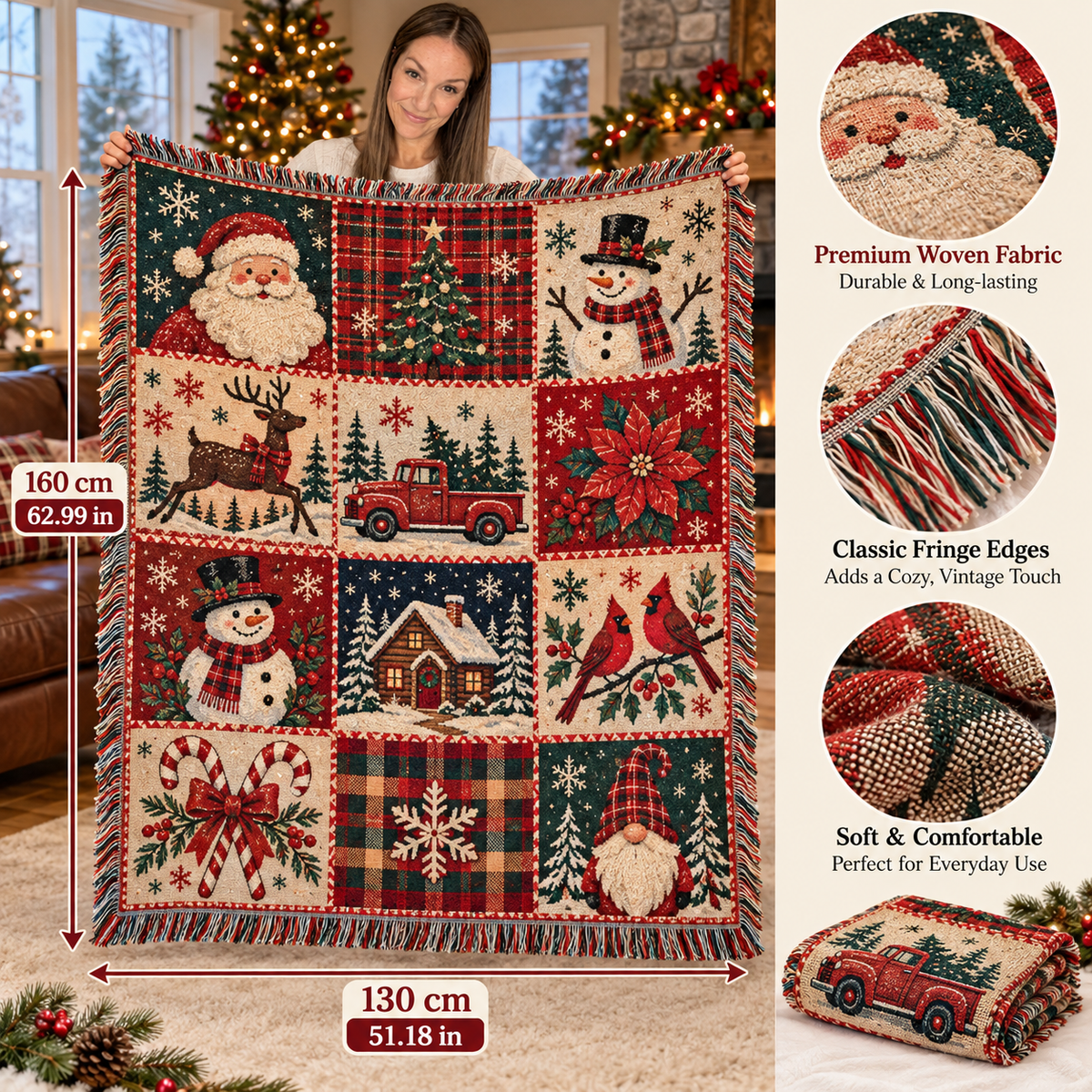 Vintage Christmas Patchwork Woven Throw Blanket