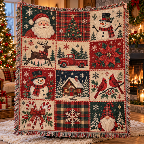 Vintage Christmas Patchwork Woven Throw Blanket