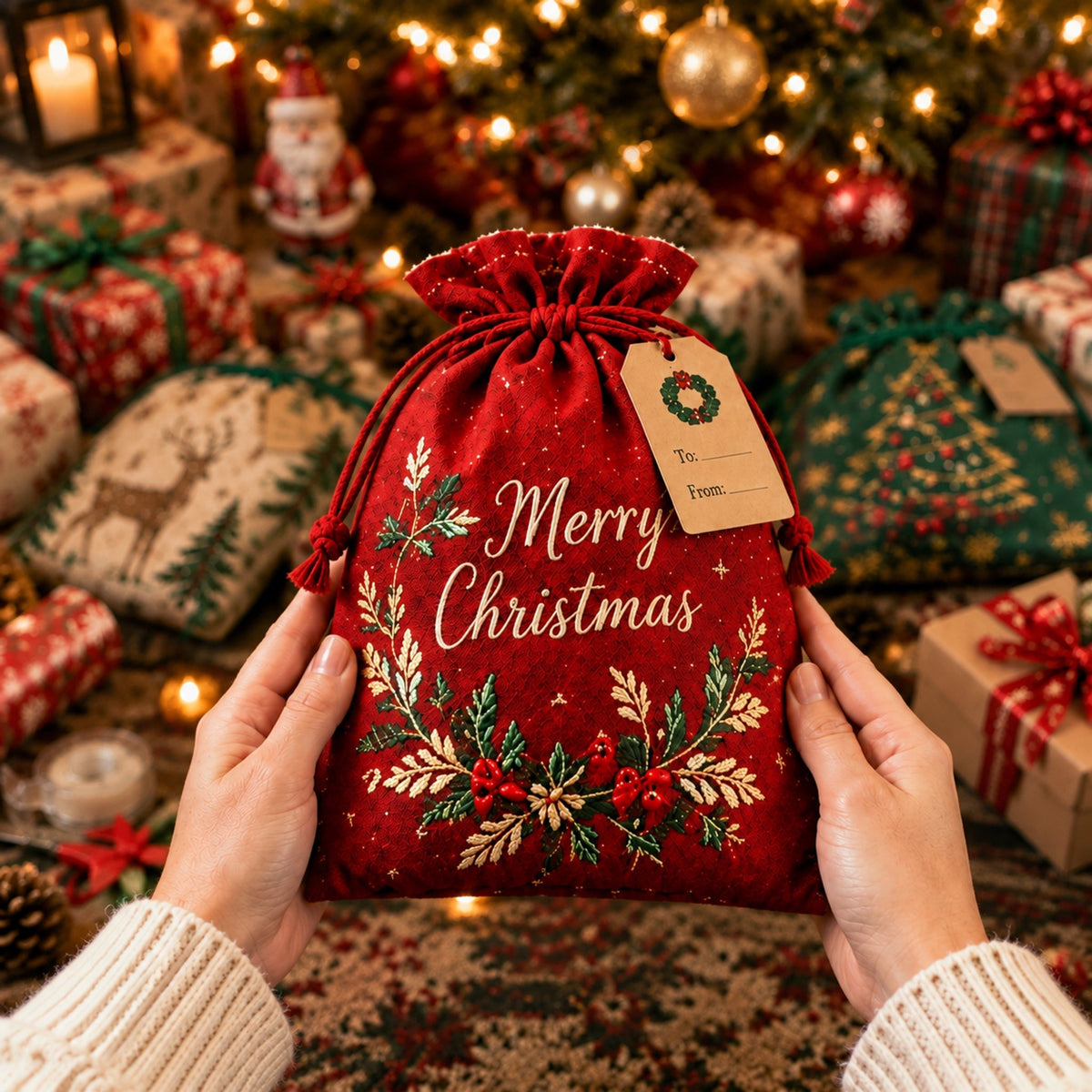 ✨ Christmas Gift Sacks 6pcs, Santa Reindeer Linen Drawstring Pouches