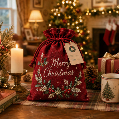 ✨ Christmas Gift Sacks 6pcs, Santa Reindeer Linen Drawstring Pouches