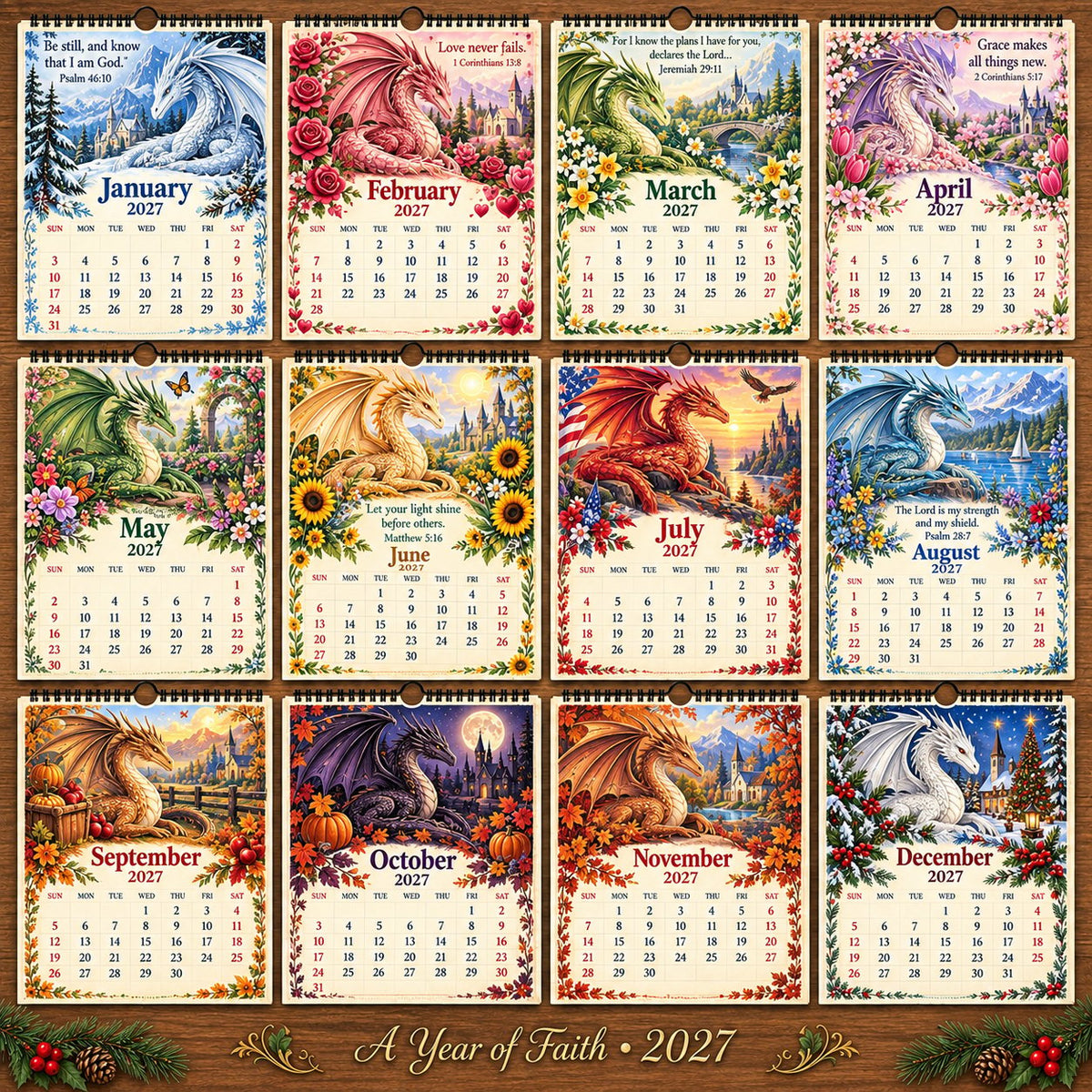 🔥LAST DAY 50% OFF - 🐉📖2027 Dragon Seasons of Faith Calendar – 12 Fantasy Dragons, Scripture & Seasonal Christian Art