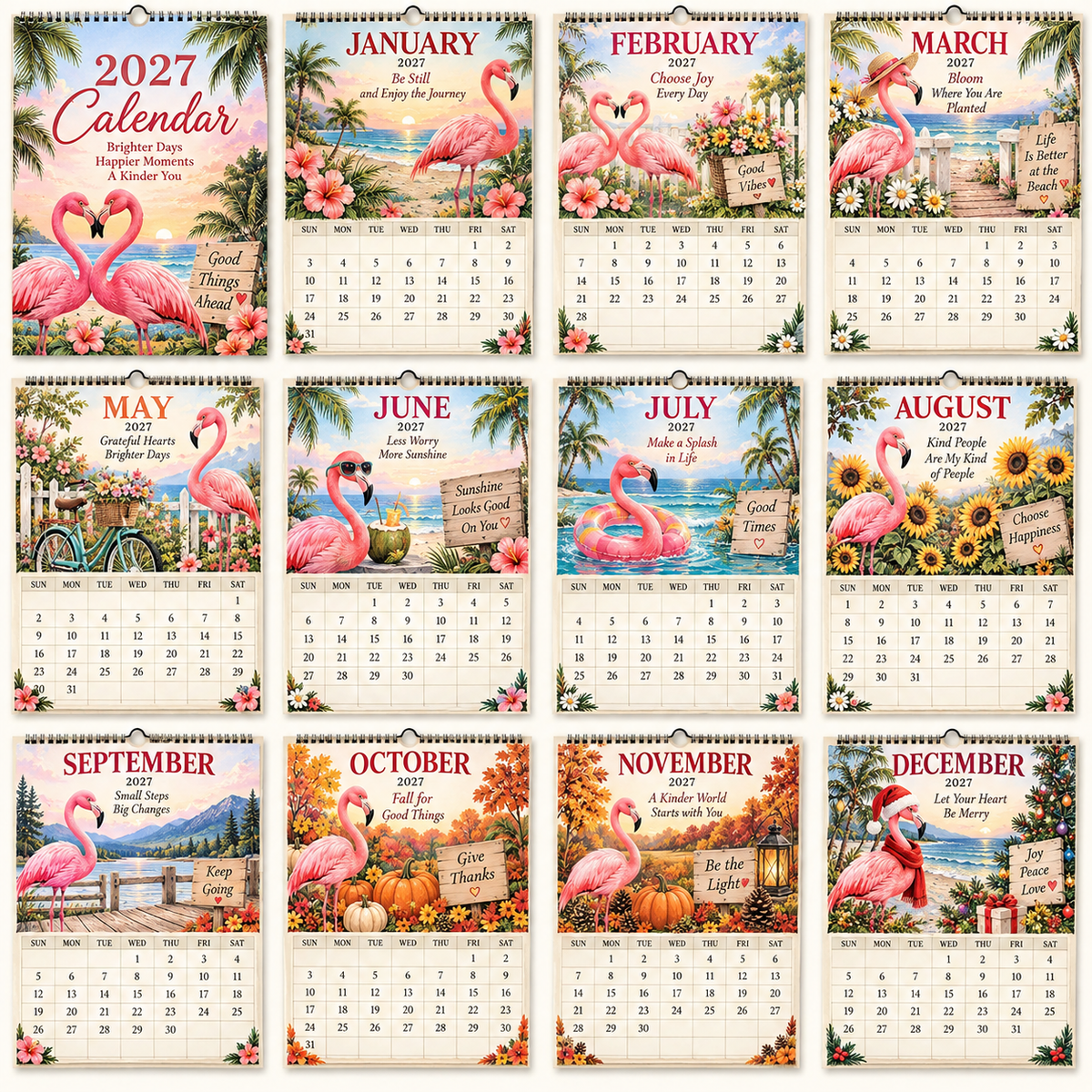 🦩 2027 Flamingo Wall Calendar – 12 Months of Tropical Joy