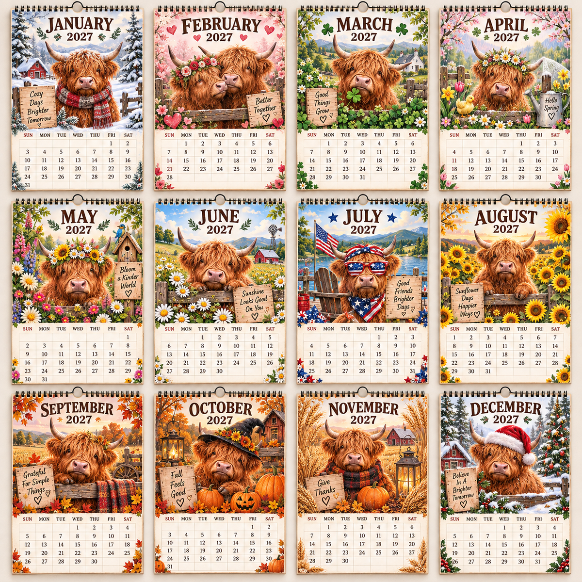 🐮 2027 Highland Cow Wall Calendar – 12 Months of Farmhouse Charm