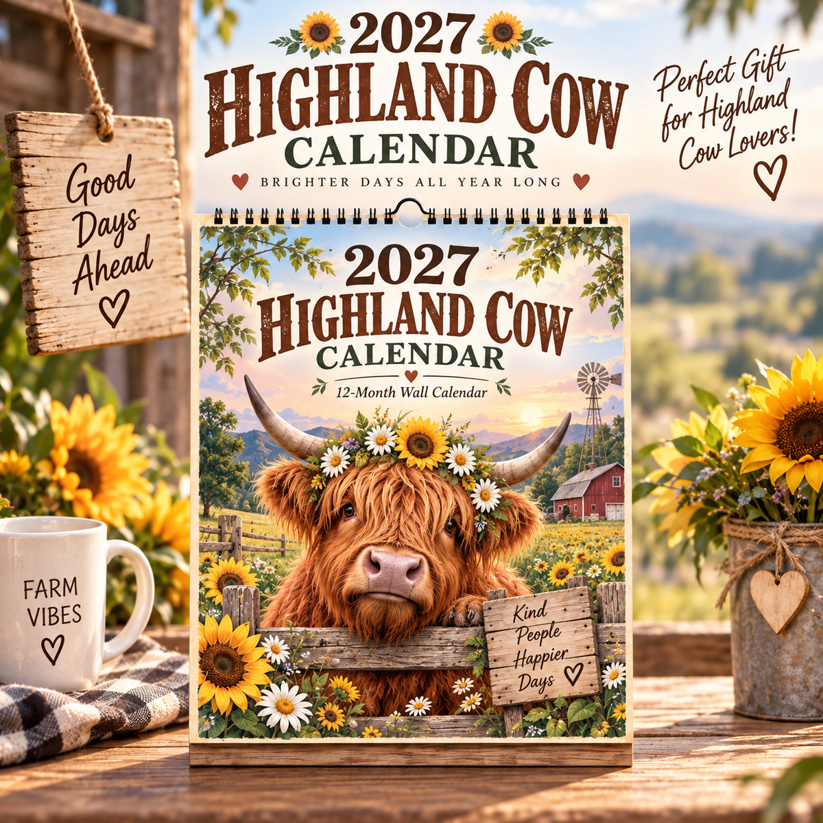 🐮 2027 Highland Cow Wall Calendar – 12 Months of Farmhouse Charm