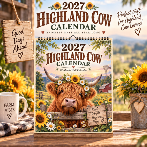 🐮 2027 Highland Cow Wall Calendar – 12 Months of Farmhouse Charm