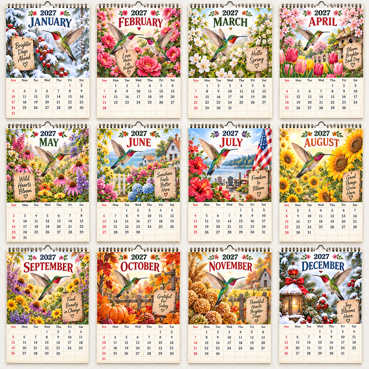 🐦 2027 Hummingbird Wall Calendar – 12 Months of Color & Joy