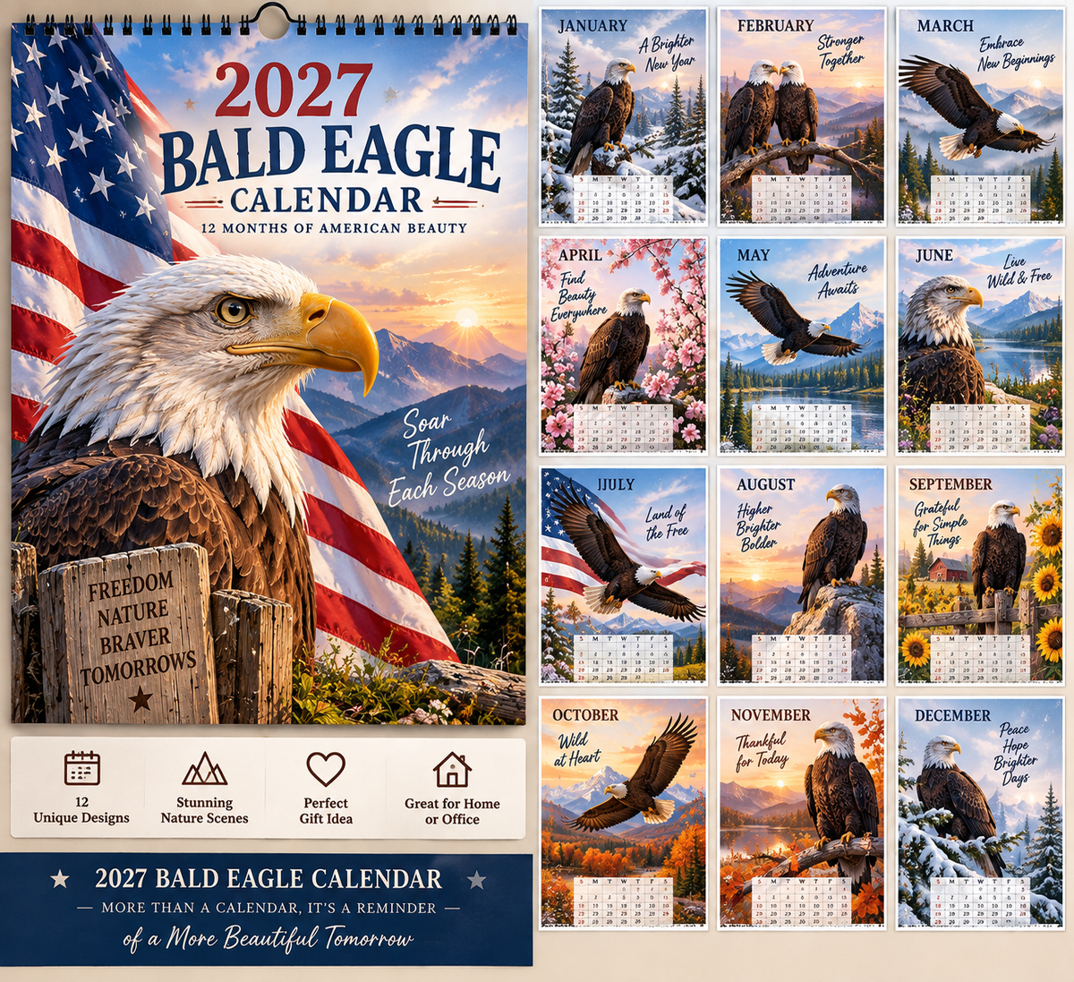 🦅 2027 Bald Eagle Wall Calendar – 12 Months of Freedom & American Beauty