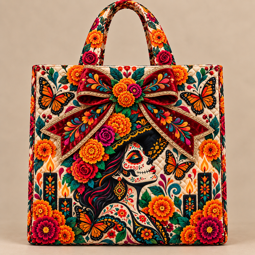 Day of the Dead Quilted Tote Bag – Floral Sugar Skull Embroidered Handbag Collection