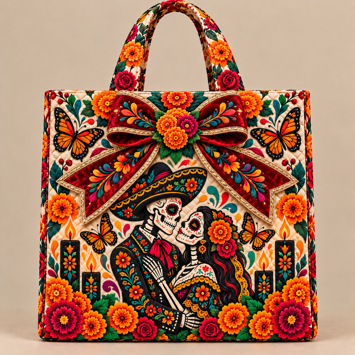 Day of the Dead Quilted Tote Bag – Floral Sugar Skull Embroidered Handbag Collection