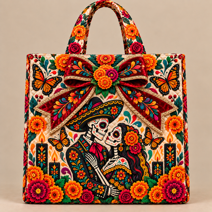 Day of the Dead Quilted Tote Bag – Floral Sugar Skull Embroidered Handbag Collection