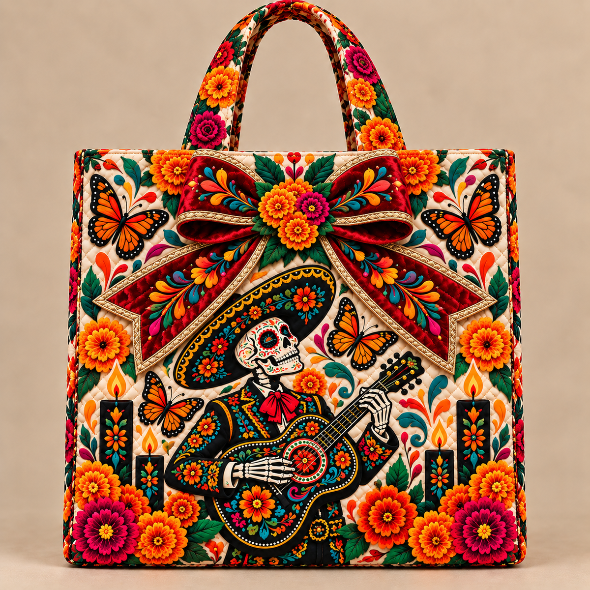 Day of the Dead Quilted Tote Bag – Floral Sugar Skull Embroidered Handbag Collection
