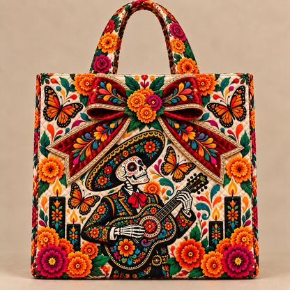Day of the Dead Quilted Tote Bag – Floral Sugar Skull Embroidered Handbag Collection