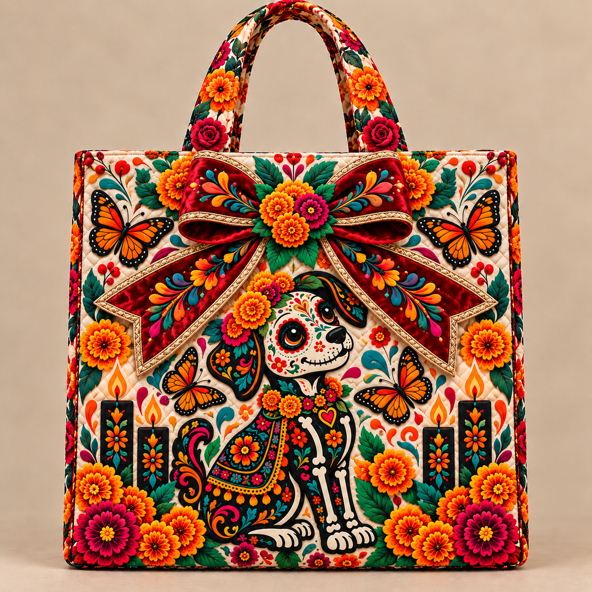 Day of the Dead Quilted Tote Bag – Floral Sugar Skull Embroidered Handbag Collection