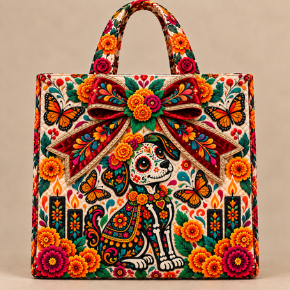 Day of the Dead Quilted Tote Bag – Floral Sugar Skull Embroidered Handbag Collection