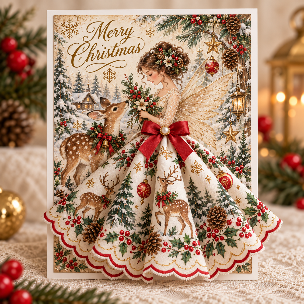 Woodland deer Christmas angel greeting card with dimensional dress