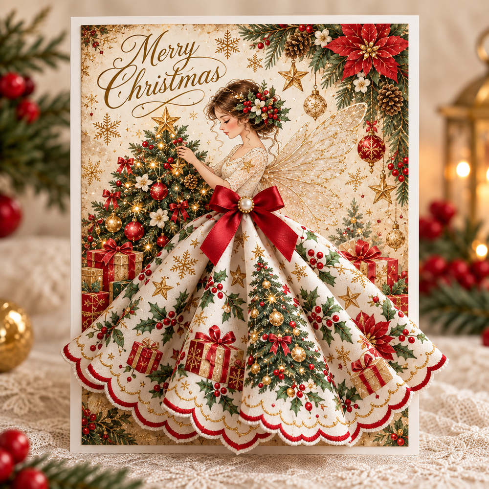 Christmas tree angel greeting card with gifts and dimensional dress