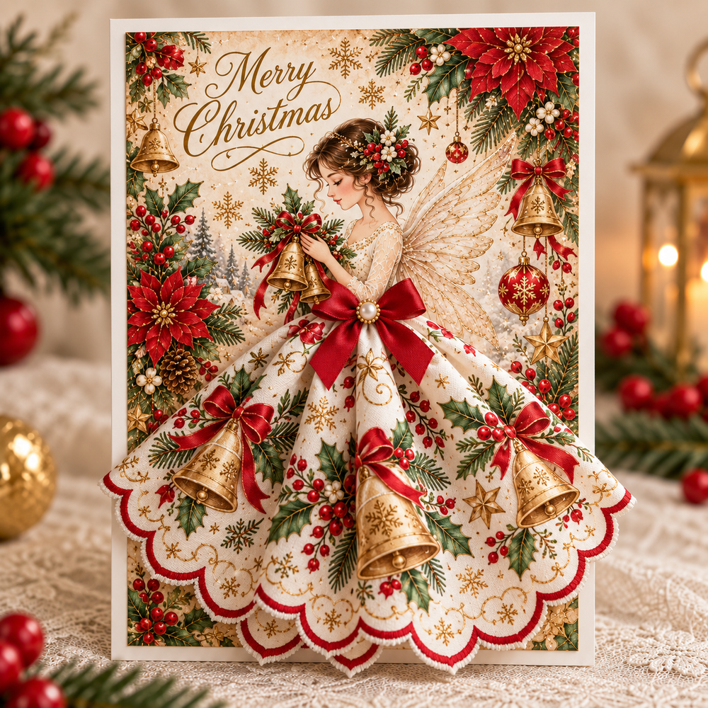 Christmas bell angel greeting card with gold bells and red bow