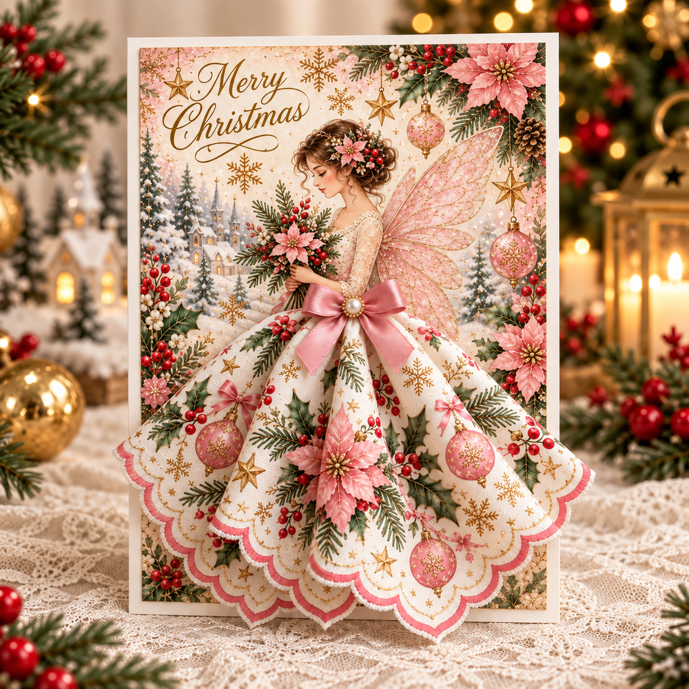 Pink Christmas angel greeting card with a dimensional floral dress
