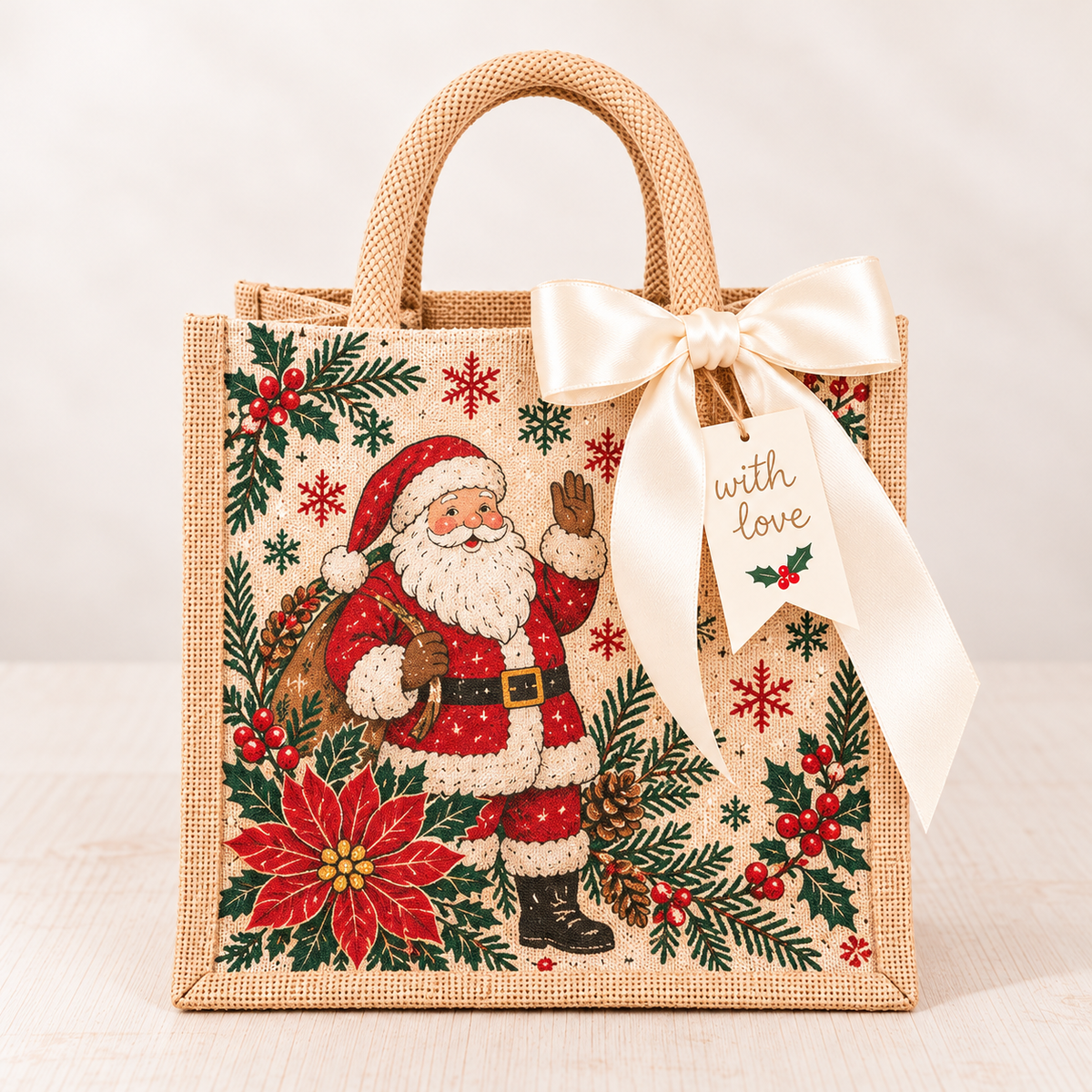 Vintage Christmas Burlap Gift Tote Bag with Satin Bow