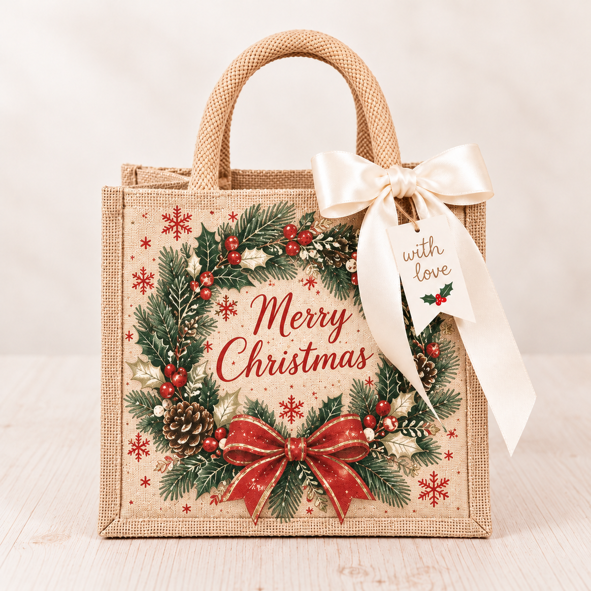 Vintage Christmas Burlap Gift Tote Bag with Satin Bow
