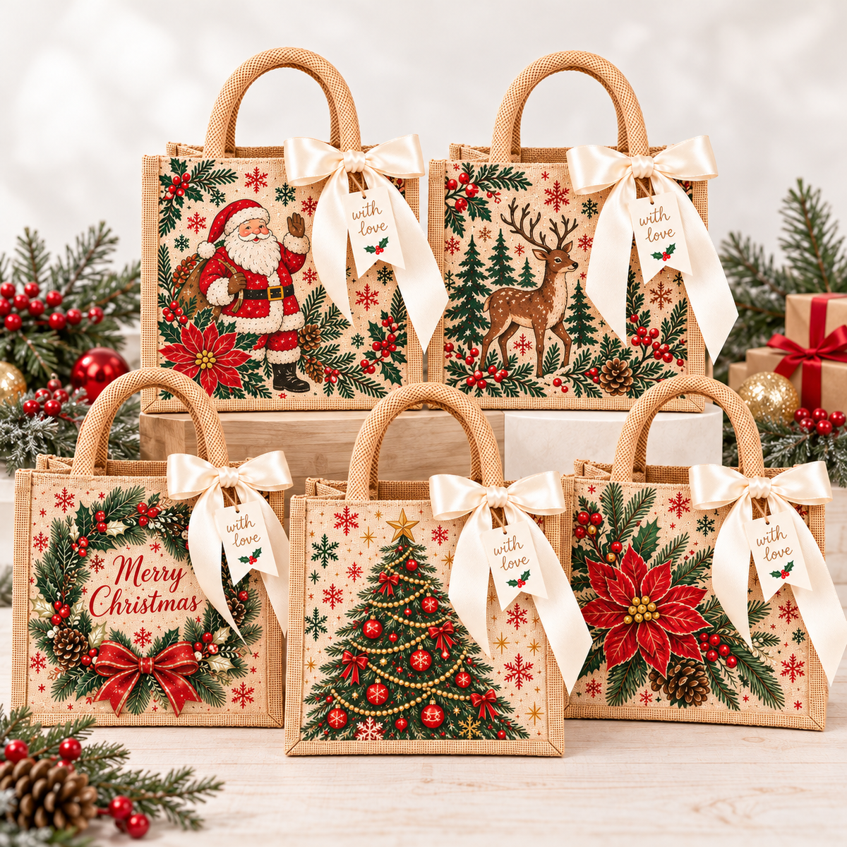 Vintage Christmas Burlap Gift Tote Bag with Satin Bow