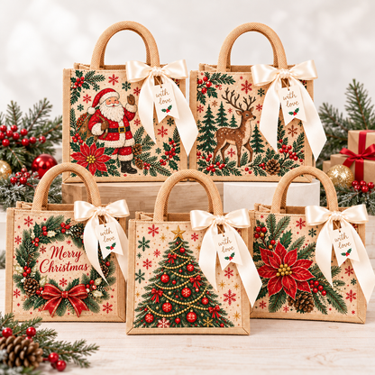 Vintage Christmas Burlap Gift Tote Bag with Satin Bow