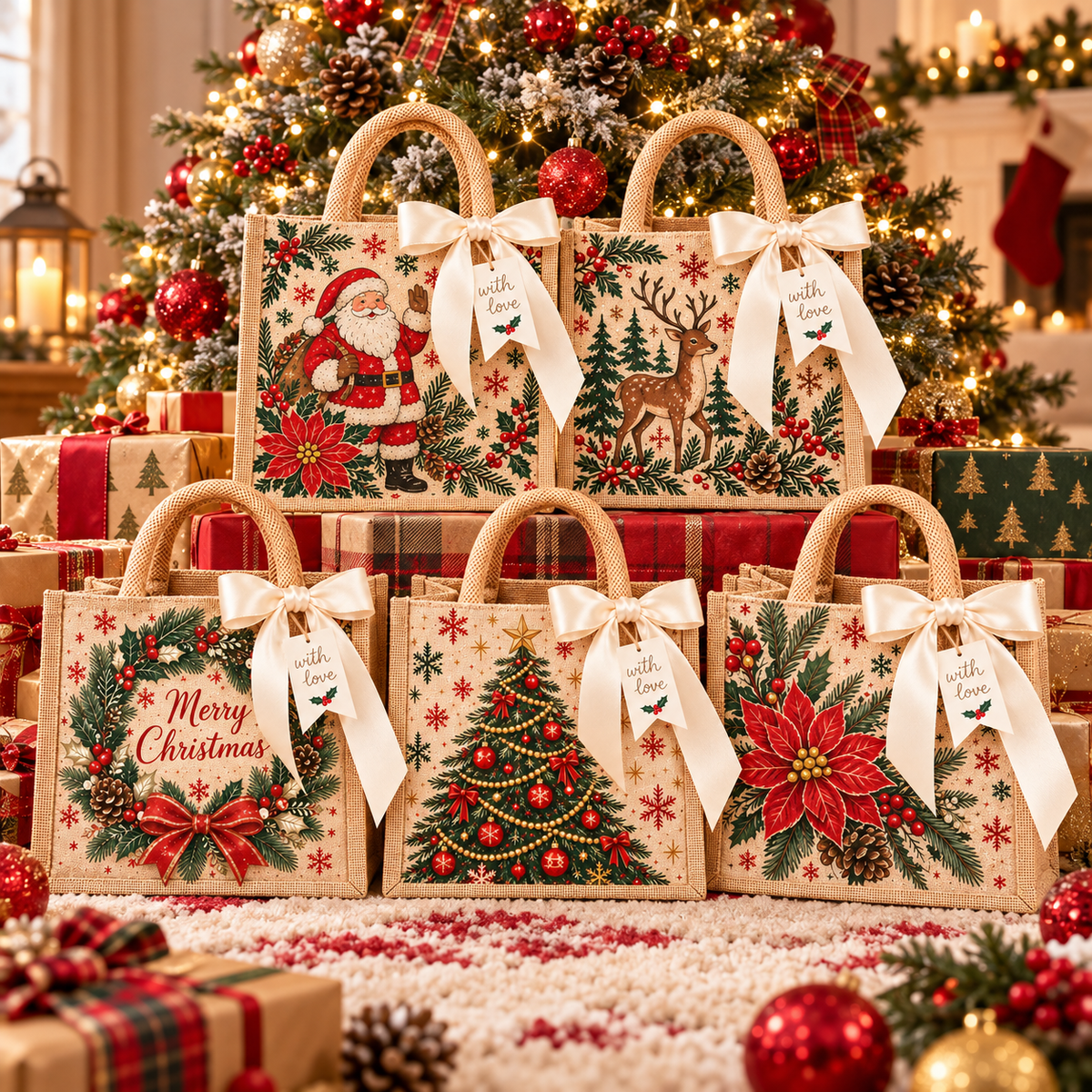 Vintage Christmas Burlap Gift Tote Bag with Satin Bow