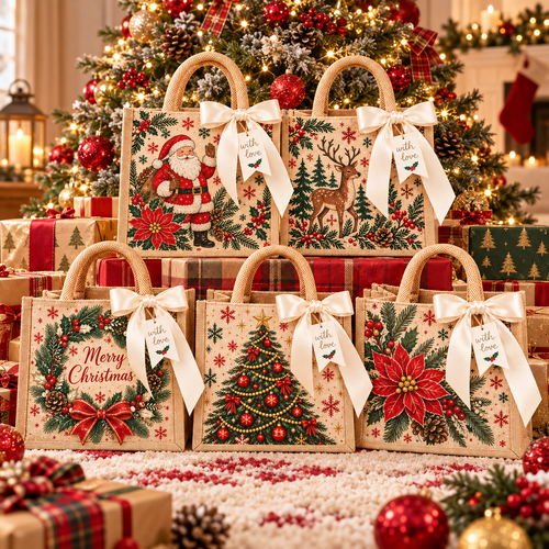 Vintage Christmas Burlap Gift Tote Bag with Satin Bow