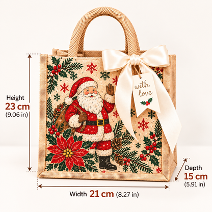 Vintage Christmas Burlap Gift Tote Bag with Satin Bow