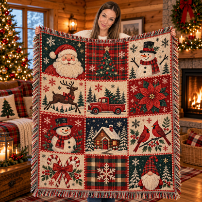 Vintage Christmas Patchwork Woven Throw Blanket