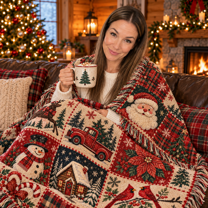 Vintage Christmas Patchwork Woven Throw Blanket