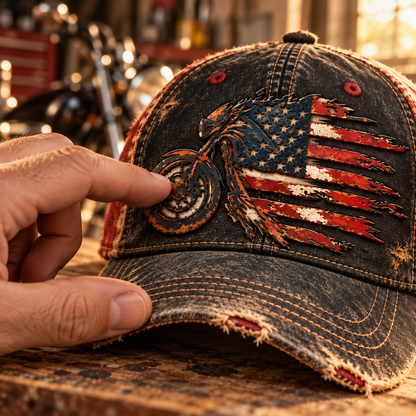 Vintage American Flag Motorcycle Baseball Cap – Distressed Retro Biker Hat