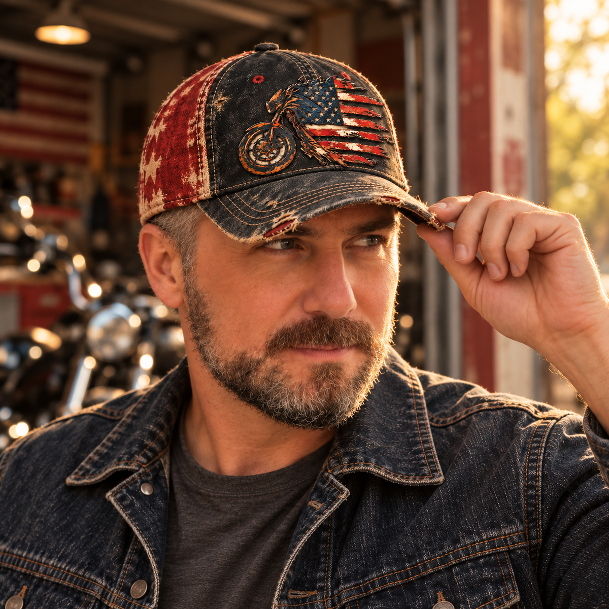 Vintage American Flag Motorcycle Baseball Cap – Distressed Retro Biker Hat