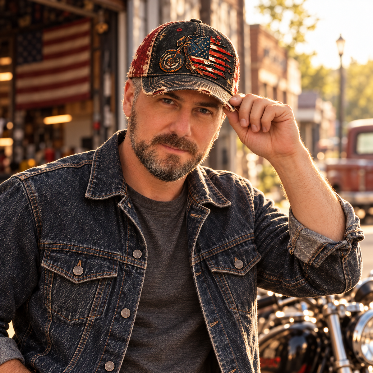 Vintage American Flag Motorcycle Baseball Cap – Distressed Retro Biker Hat