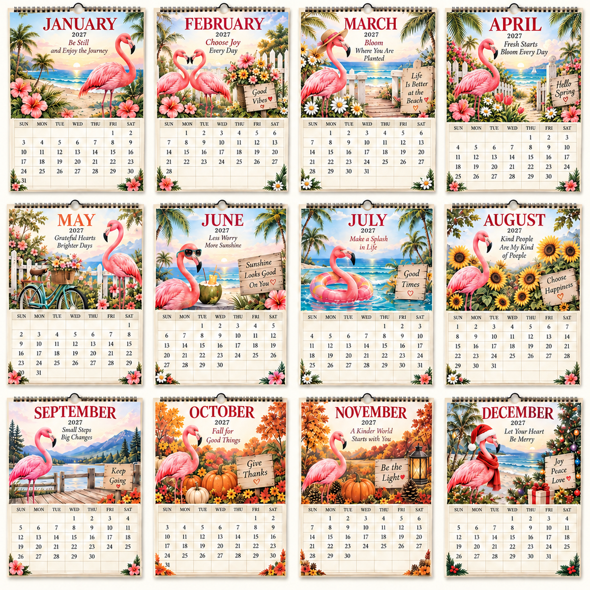 🦩 2027 Flamingo Wall Calendar – 12 Months of Tropical Joy