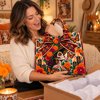 Day of the Dead Quilted Tote Bag – Floral Sugar Skull Embroidered Handbag Collection