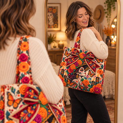 Day of the Dead Quilted Tote Bag – Floral Sugar Skull Embroidered Handbag Collection